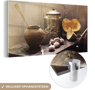 MuchoWow® Glasschilderij 160x80 cm - Schilderij acrylglas - Stilleven - Pompoen - Knoflook - Pan - Tafel - Foto op glas - Muurdecoratie woonkamer - Wanddecoratie slaapkamer - Schilderijen