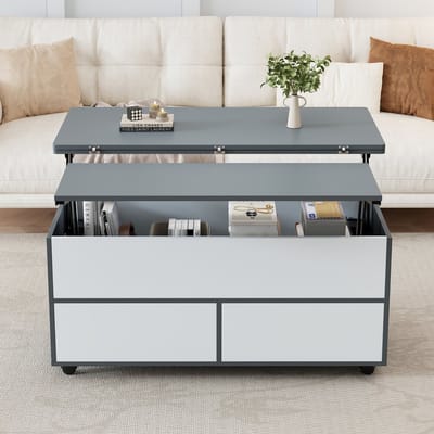 100x98x65 cm verstelbare salontafel met opbergruimte en plank - met wieltjes en lade - eettafel - grijs en wit