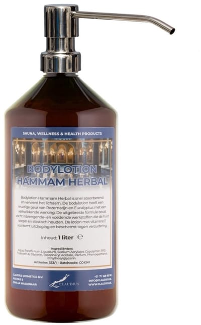 Bodylotion Hammam Herbal 1 Liter met luxe RVS zilverkleurige pomp - stijlvolle en duurzame uitstraling
