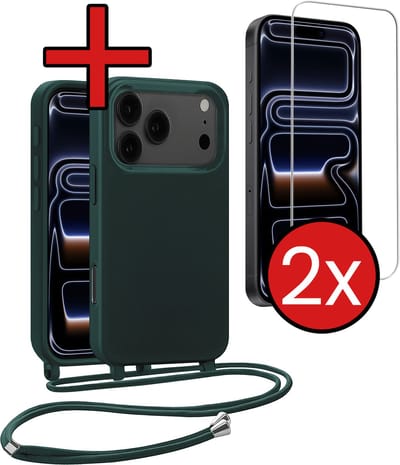 Hoesje Geschikt voor iPhone 17 Pro / 18 Pro Hoesje Siliconen Case Met Koord Met 2x Screenprotector - Hoes Geschikt voor iPhone 17 Pro / 18 Pro Hoesje Backcover Met Telefoonkoord - Donkergroen