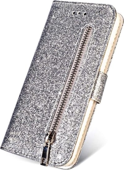 Bookcase Geschikt voor: Samsung Galaxy S20 Ultra Glitter Bookcase met rits - hoesje - portemonnee hoesje - Zilver
