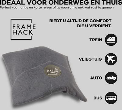 Framehack - Zacht Travel Pillow Reiskussen - Neksteun Nek Support - Nekkussen - inclusief 3D slaapmasker & oordopjes – Lichtgrijs