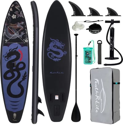 FUNWATER SUPFR17U – Opblaasbare SUP plank zwarte draak design 350x83x15 cm – 3 vinnen voor optimale stabiliteit – compleet set