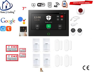 Draadloos / bedraad alarmsysteem met 7-inch touchscreen voor woning/camper/boot/caravan werkt met wifi en sim kaart en met spraakgestuurde apps. (Nederlands of Frans stem en tekst). ST01B-52