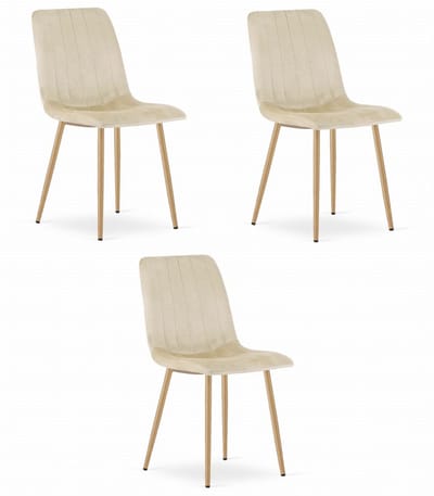 Set van 3 Eetkamerstoelen LAVA - Lichtbeige - Houtlook Metalen Poten - Velvet Bekleding - Industriële Stijl, Max. 110 kg, Ergonomisch Design, Comfortabele Zitting