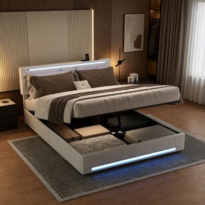 Gestoffeerd Bed 160x200 cm met LED-verlichting en Opbergruimte - Tweepersoonsbed met USB/Type-C - Opbergbed - Jongerenbed - Bedframe met lattenbodem - Linnen Beige - Zonder Matras