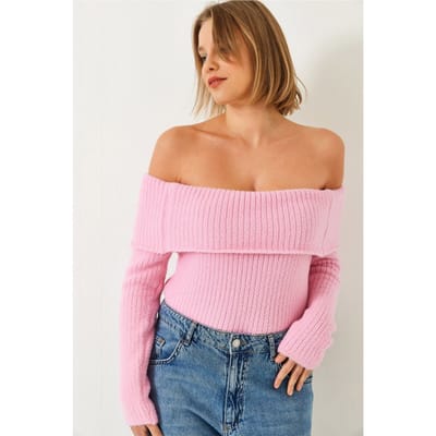 Off-shoulder geribbelde gebreide aansluitende trui met omslagdetail
