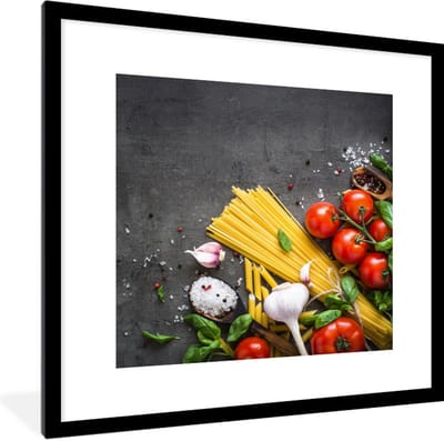 Fotolijst incl. Poster - Pasta - Kruiden - Tomaat - Specerijen - Rustiek - 40x40 cm - Posterlijst