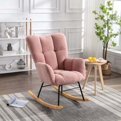 OKWISH Schommelstoel – Getufte Teddy Bekleding Voor Ultiem Comfort – Eén Zitplaats Met Houten Schommelbasis En Zwart Metalen Frame – Modern – Roze – Ergonomisch