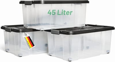 Novaliv 3x Opbergdozen met deksel Groot 45L Antraciet Nestbaar Stapelbaar met clipsluiting Rolboxen Kunststof BPA-vrij 61x40x26 cm