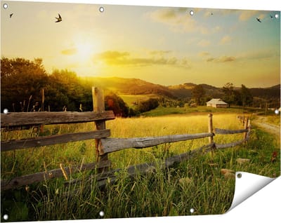 Gards Tuinposter Boerderij Hekken op het Grasveld - 120x80 cm - Tuindoek - Tuindecoratie - Wanddecoratie buiten - Tuinschilderij