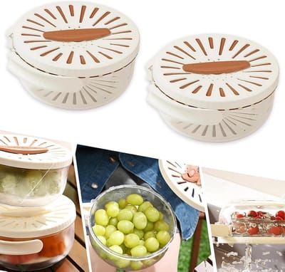 Multifunctionele Waskom voor Fruit en Groenten met Deksel, 2-in-1 Plastic Afvoermand met Vouwhandvat, Zeef en Vergiet voor Keukengebruik (Bruin, 2 Stuks)