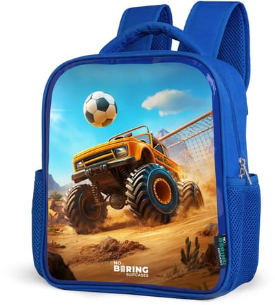 NoBoringSuitcases.com® - Rugzak blauw - Schooltas jongens - Monstertruck scoort goal in woestijnstadion - Kinder rugtas jongen - Boekentas kind - Kinderrugzak voor school - Schoolrugzak