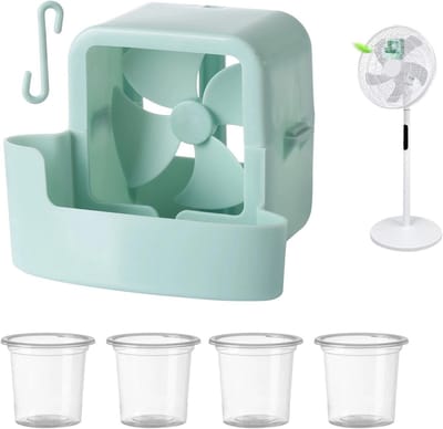 Luchtkoelmodule - Voor Tafelventilator - Met 4 Plastic Bekers - Windgedreven Koelhouder - Zomer Verkoelaccessoire - Compact Ventilatoraccessoire - Bevestigbaar Op Ventilator - Verkoelt Door Luchtstroom - Voor Slaapkamer, Kantoor, Keuken, Auto - Blauw