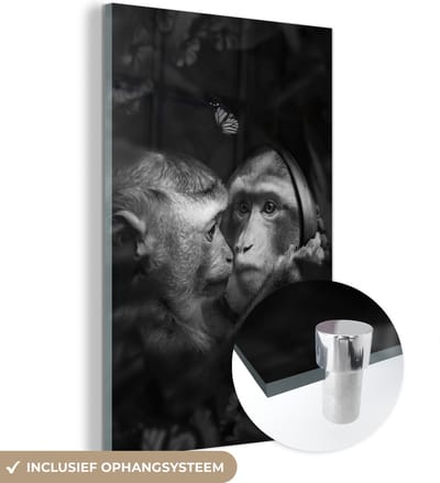 MuchoWow® Glasschilderij 40x60 cm - Schilderij acrylglas - Spiegelbeeld van een aap in de jungle - zwart wit - Foto op glas - Schilderijen