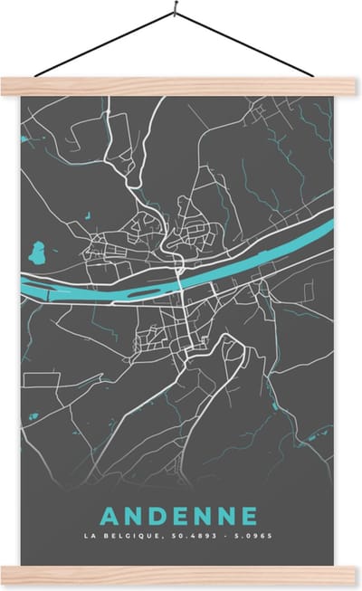Posterhanger incl. Poster 40x60 cm - Schoolplaat - Stadskaart – Grijs - Kaart – Andenne – België – Plattegrond - Textielposter - Blanke latten - Stadskaart