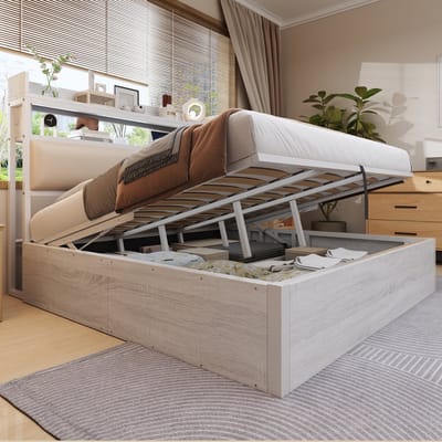 Wishdor Gestoffeerd Bed en Tweepersoonsbed met Hydraulische Opbergruimte en Boekenplank - USB Opladers - Lichte Houtlook - Wit - 180x200 cm