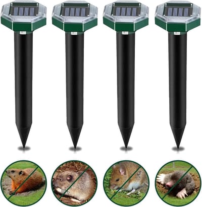 Set van 4 Solar Powered Ultrasone Vole Repellers met Aan/Uit Schakelaar voor Vole- en Slangenbestrijding