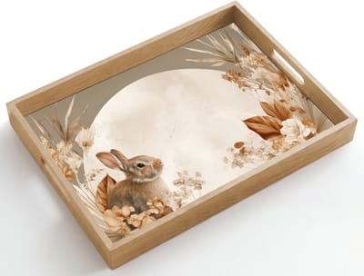 Dienblad hout 50x35 cm - Schootdienblad - Konijn - Bruin - Bloemen - Cirkel - Borrelplank rechthoek - Plateau dienbladen