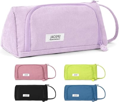 Grote Corduroy Etui voor Meisjes met 2 Compartimenten en Handvat, Perfect voor School en Kantoor, Paars, Kinderen Etui