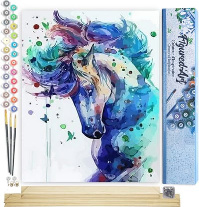 Figured'Art Schilderen op Nummer Volwassenen canvas Paard in het blauw - Handwerk acrylverf Kit DIY Compleet - 40x50cm met DIY houten lijst