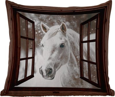 Buitenkussen Weerbestendig - Doorkijk - Paard - Wit - Winterlandschap - Sneeuw - 50x50 cm