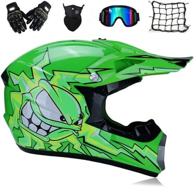 Motorcrosshelm Set - Full Face Helm - Off Road Rijden - Afneembare Voering - 5 Delig - Groen Cartoon
