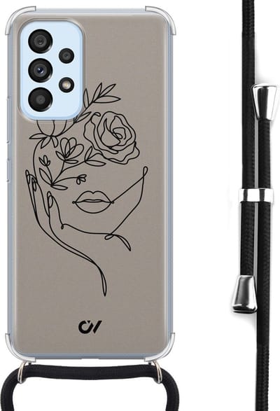 Telefoonhoesje met koord geschikt voor Samsung A53 - Oneline Face Flower - Inclusief koord - Transparant, Bruin - - Crossbody beschermhoes - Met Telefoonketting