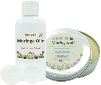 Combinatieset: Moringa Olie 100ml en Moringa Zalf 100ml - Set met Moringa Olie 100ml en Moringazalf 100ml blik
