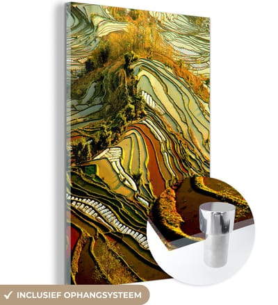 ® Glasschilderij 120x180 cm - Schilderij acrylglas - Prachtig kleurenpalet van rijstvelden in China - Foto op glas - Muurdecoratie woonkamer - Wanddecoratie slaapkamer - Schilderijen