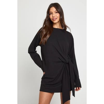 boohoo Dames Mini-jurk met lange mouwen en een strikknoop op de taille | Zwart | Maat: 36
