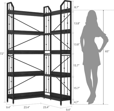 Modern industrieel design L-vormige hoekplank – 5-laags hoge boekenplank met sierrand – ruimtebesparend voor woonkamer- slaapkamer of kantoor