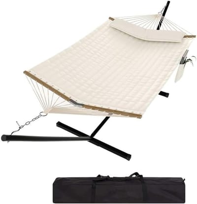 2-Persoons Hangmat met Standaard - Dubbele Hangmat met Stevig Stalen Frame - Max. 205 kg - Voor Binnen & Buiten - 365 x 140 cm -beige