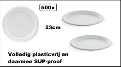 500x Bord 23cm wit - Suikerriet en vrij van PFAS - Diner amuse tapas snack taart festival thema feest verjaardag wegwerp