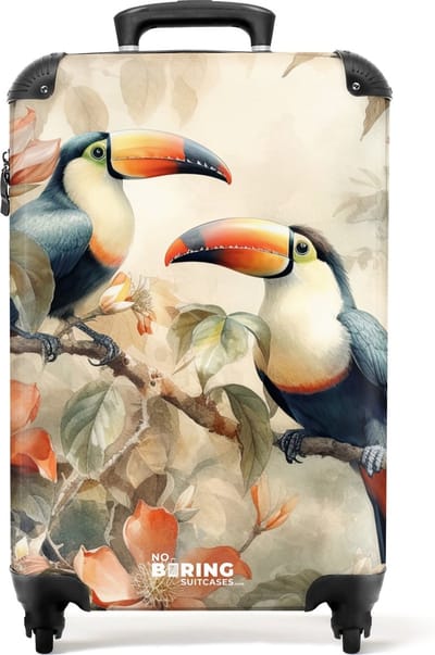 NoBoringSuitcases.com® - Handbagage koffer lichtgewicht - Reiskoffer trolley - Illustratie van twee toekans op een tak - Rolkoffer met wieltjes - Past binnen 55x40x20 en 55x35x25