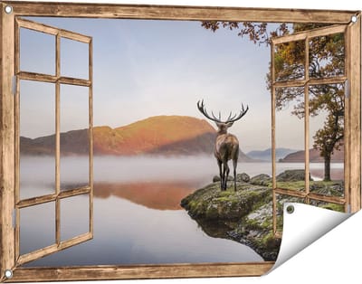 Gards Tuinposter Doorkijk Hert bij een Meer - 90x60 cm - Tuindoek - Tuindecoratie - Wanddecoratie buiten - Tuinschilderij
