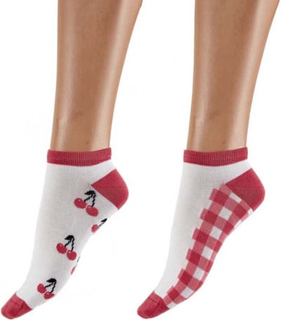 Pretty Polly Sokken - Bamboe - Milieu Vriendelijke - Kersen Ruit - Dames - Sneakersokken - One Size - Wit/Rood - 2 Paar - Voordeelverpakking