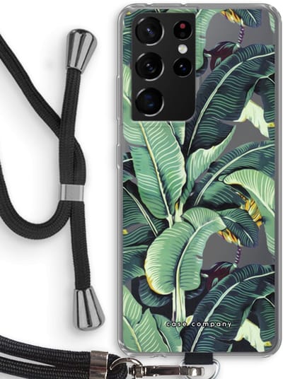 Hoesje met koord geschikt voor Samsung Galaxy S21 Ultra hoesje met Koord - Bananenbladeren - Telefoonhoesje met Zwart Koord - Bescherming aan alle Kanten en Over de Schermrand