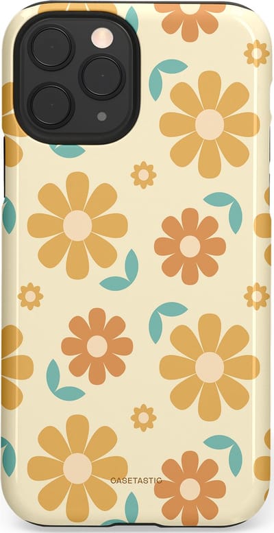 Casetastic hoesje geschikt voor Apple iPhone 11 Pro - Dubbellaagse bescherming - Flower power Retro Bloemen - Geel - Oranje - Blauw - Fashion Case - Crème Goud Perzik