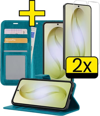 Hoesje - Met 2x Screenprotector - Geschikt voor Samsung Galaxy S26 - Luxe Pasjeshouder - Bookcase Portemonee - Flip Case - Kunstleer Book Case - Flipcase Hoes - Book Cover - Walletcase - Portemonneehoes - Telefoonhoesjes - Turquoise