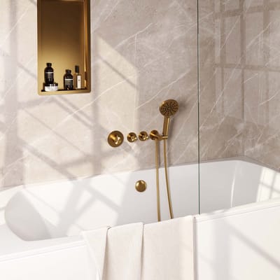 Brauer Gold Edition thermostatische inbouw badkraan SET 02 met badvulcombinatie en 3-standen handdouche en doucheslang en wandaansluitbocht goud geborsteld PVD