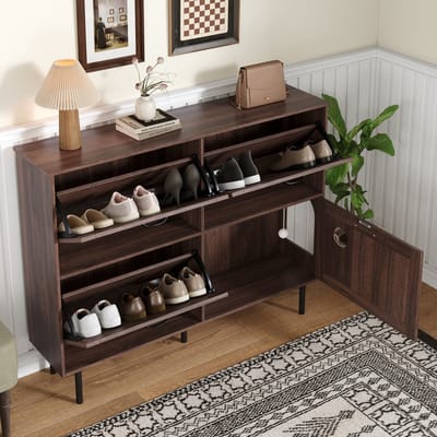 Wishdor Schoenenkast met Kattenhuis - 3 Kantelvakken - Barndoor Design - Walnootkleur - 120x28x92 cm