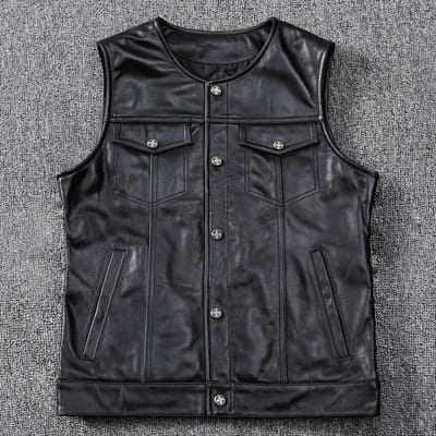 Harley Son of Chaos Motorfiets Gilet Rug Hart Laag Koeienhuid Leer Fijn Zacht Leer Ronde Kraag Kort Slanke Vorm S gray