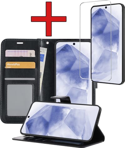 Hoesje - Met Screenprotector - Geschikt voor Samsung Galaxy A55 - Luxe Pasjeshouder - Flipcase - Bookcase Portemonee - Flip Case - Kunstleer Book Case - Book Cover - Walletcase - Portemonneehoes - Telefoonhoes - Zwart