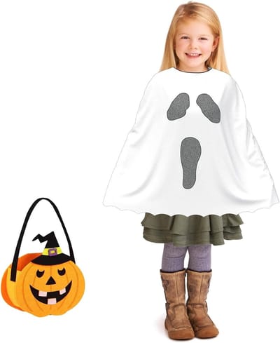 Halloween Kostuum voor Kinderen - Witte Spookcape met Pompoentas voor een Griezelige Feestervaring