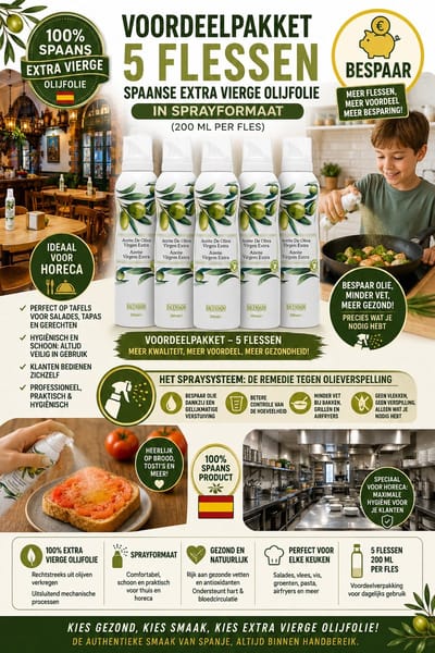 5 FLESSEN SPAANSE EXTRA VIERGE OLIJFOLIE IN SPRAYFORMAAT (200 ML PER FLES) VOORDEELPAKKET. IDEAAL VOOR HORECA EN THUIS. ALTIJD SCHONE EN HYGIËNISCHE FLESSEN. BESPAAR ACEITE DE OLIVA EXTRA VIGEN