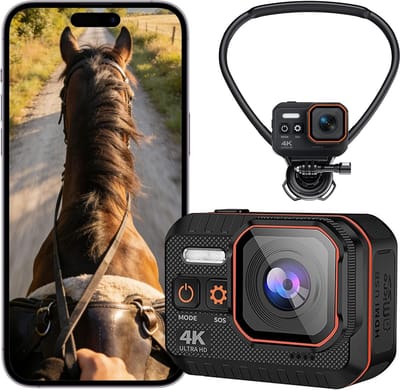 4K 60FPS actiecamera , draagbare gimbal met beeldstabilisatie, first-person recorder voor paardrijden, AI-verbeterde 6-assige stabilisatie, IP68 waterdicht, borstbevestiging voor trainingen en buitenritten.