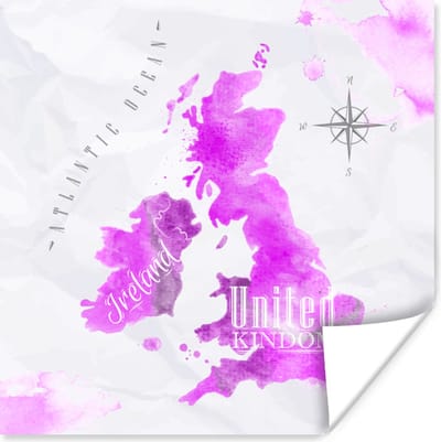 Poster 30x30 cm - Wereldkaart - Engeland - Roze - Posters - Kamer decoratie - Wanddecoratie woonkamer - Muurdecoratie slaapkamer