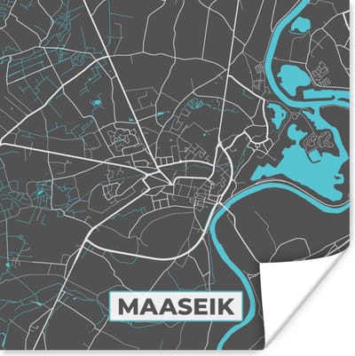 Poster Kaart – Plattegrond – Stadskaart – Maaseik – België - Grijs - 100x100 cm XXL