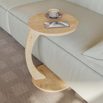 Salontafel met wieltjes in eiken-look, praktische C-vormige bijzettafel voor woonkamer
